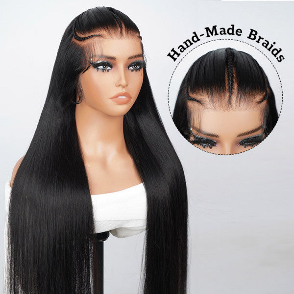 13x6 Lace Frontal Wig 250%Density Pre Braided Straight Human Hair Wig