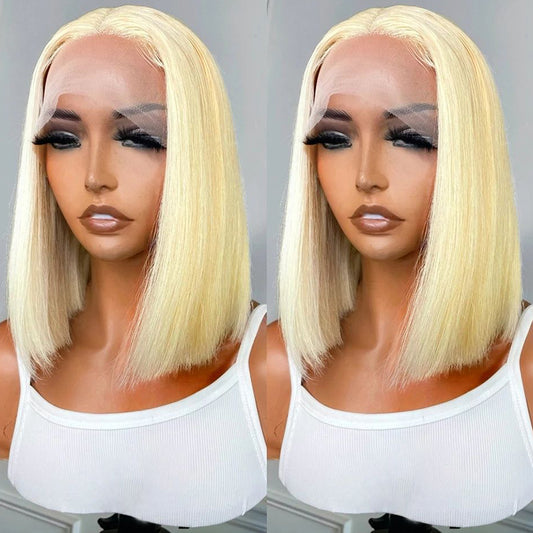 Blonde Short Bob Wig Blunt Cut 613 Transparent Lace Front Human Hair Wigs 150% Density