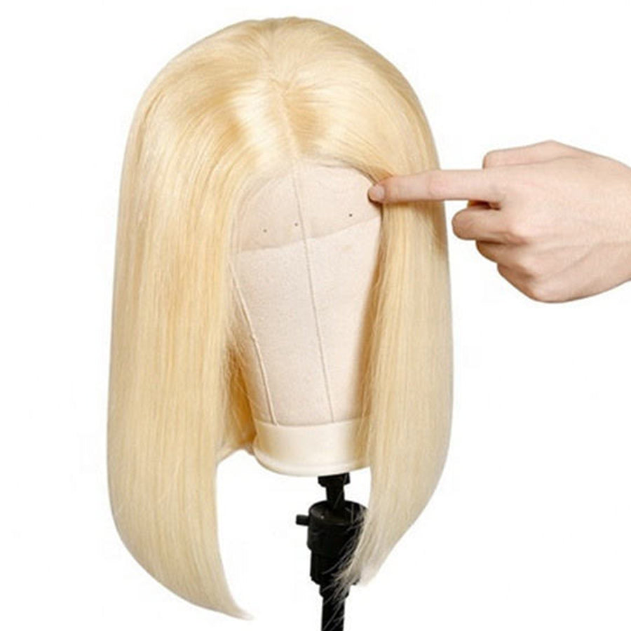 Blonde Short Bob Wig Blunt Cut 613 Transparent Lace Front Human Hair Wigs 150% Density