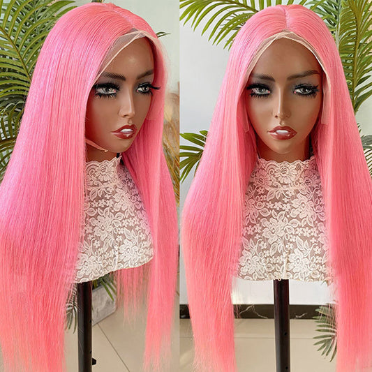 Customization Pink Color 13x4 Transparent Lace Front Wig Silky Straight